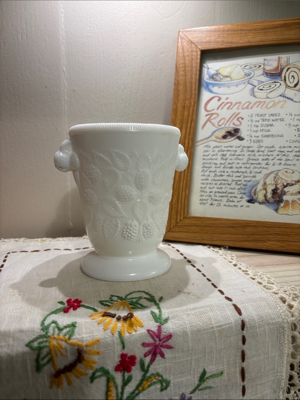 White Milk Glass Vase with Embossed Berry Motif